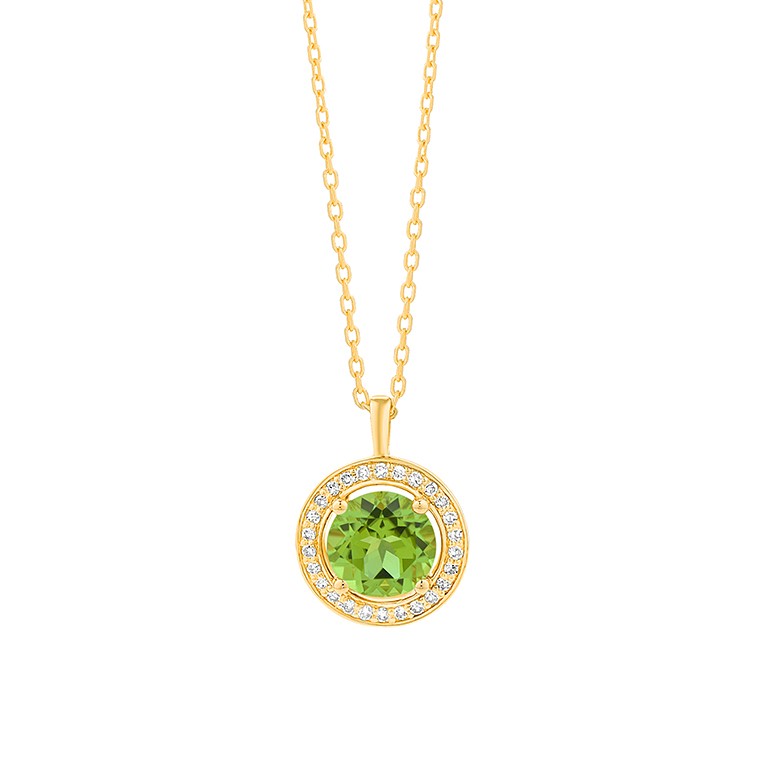 Collier en or jaune, péridot et entourage 25 diamants