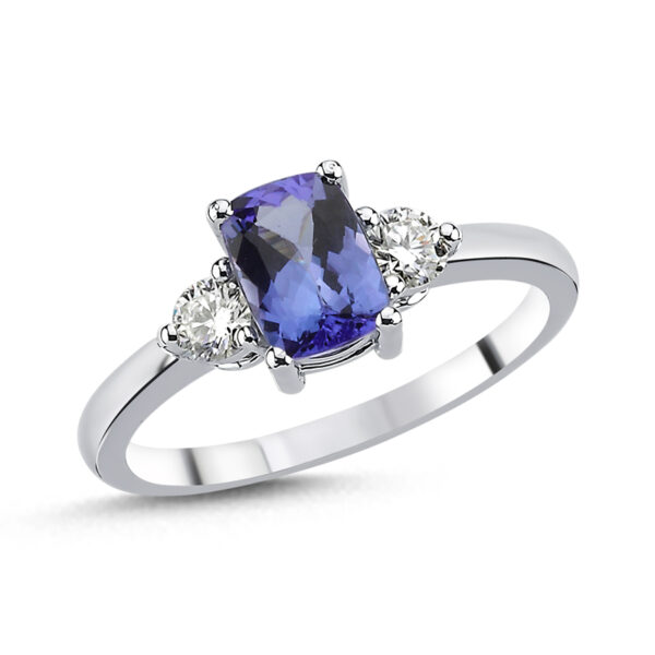 bague or blanc palladié sertissage 4 griffes avec une tanzanite au centre et et 2 diamants de 0.250ct de chaque coté