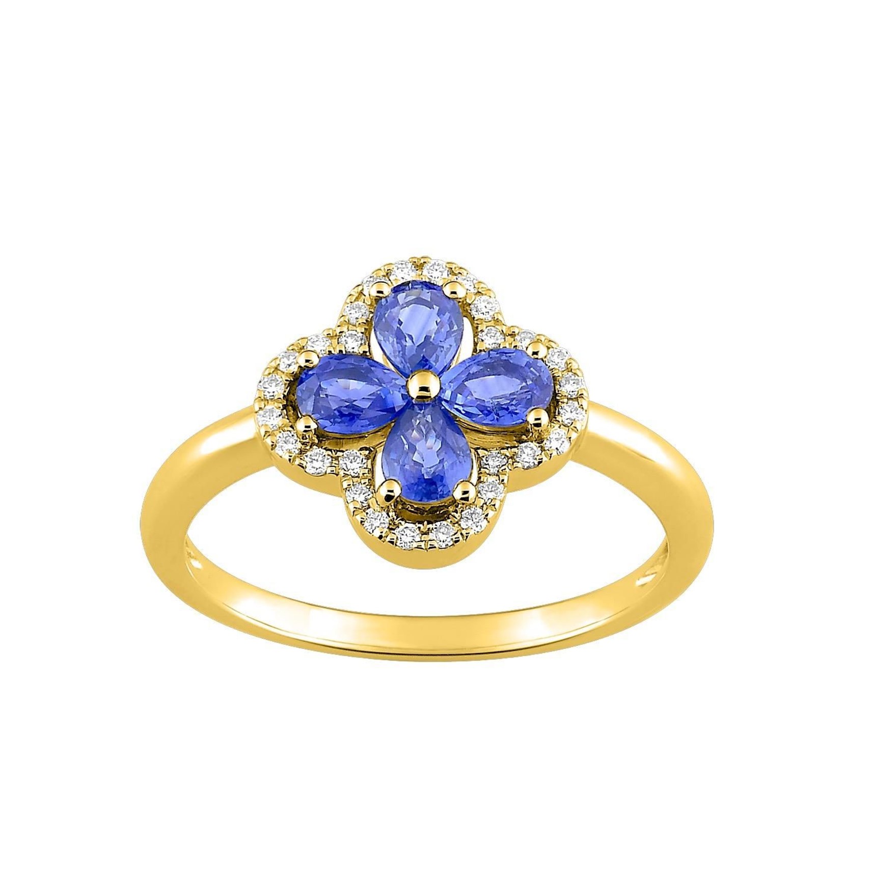 bague en or jaune trefle saphir bleu serti de diamants autour