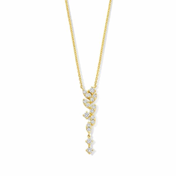 un collier en or jaune orné de diamants. Le pendentif est composé de plusieurs petits diamants sertis sur une fine chaîne en or, formant un motif qui évoque des feuilles ou des branches stylisées. Le collier est élégant et délicat.